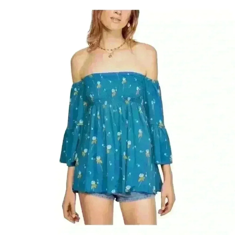 FREE PEOPLE Teal Floral Off The Shoulder Smock Wide Sleeve Shirt Top Women Small - Picture 2 of 10